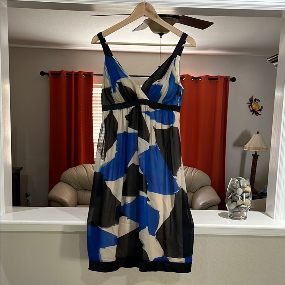 Sue Wong Stylish Silk Blue, Cream and Black Women's Dress Size 6